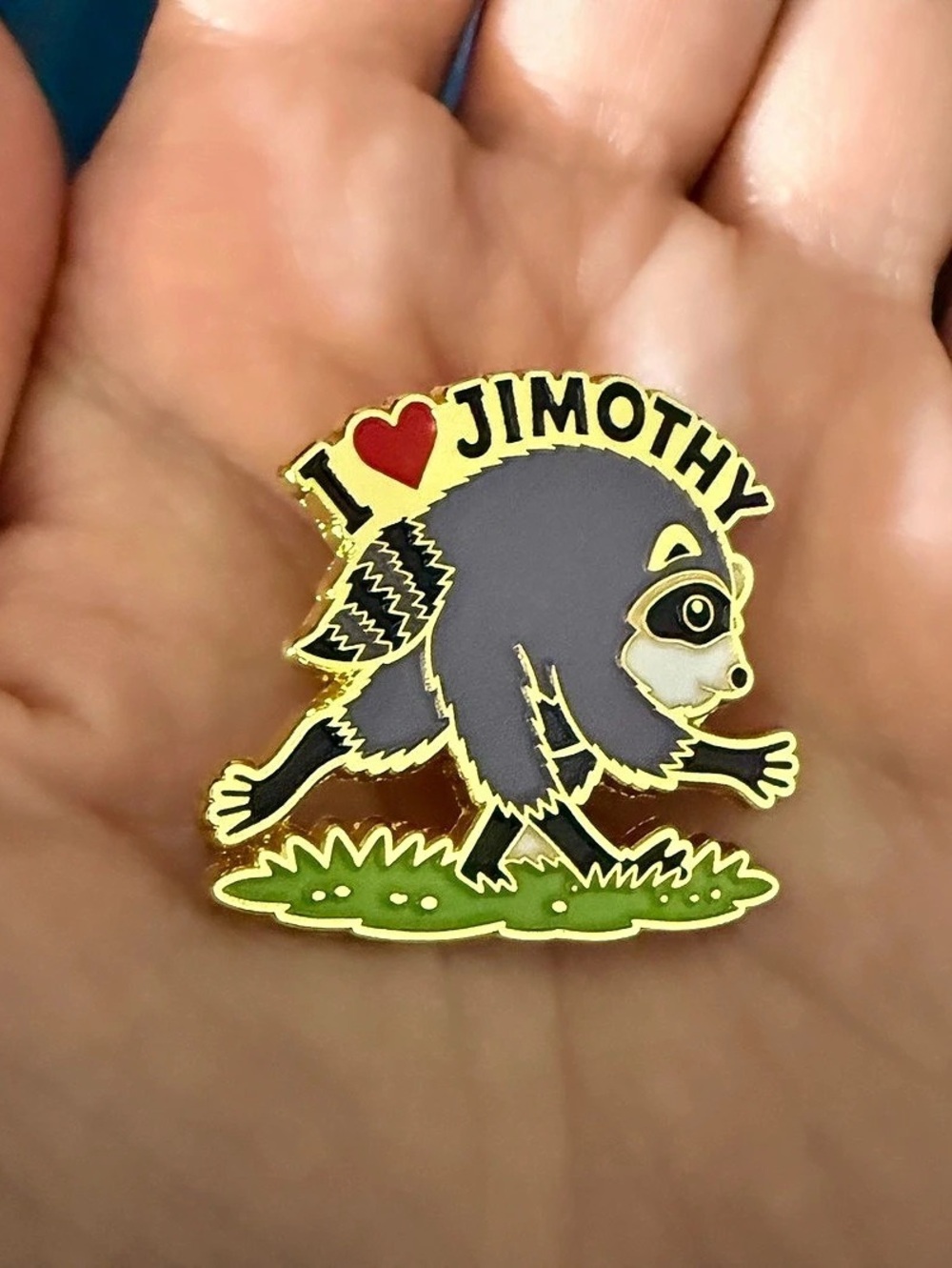 I Love Jimothy Raccoon Enamel Pin in Gray & Yellow